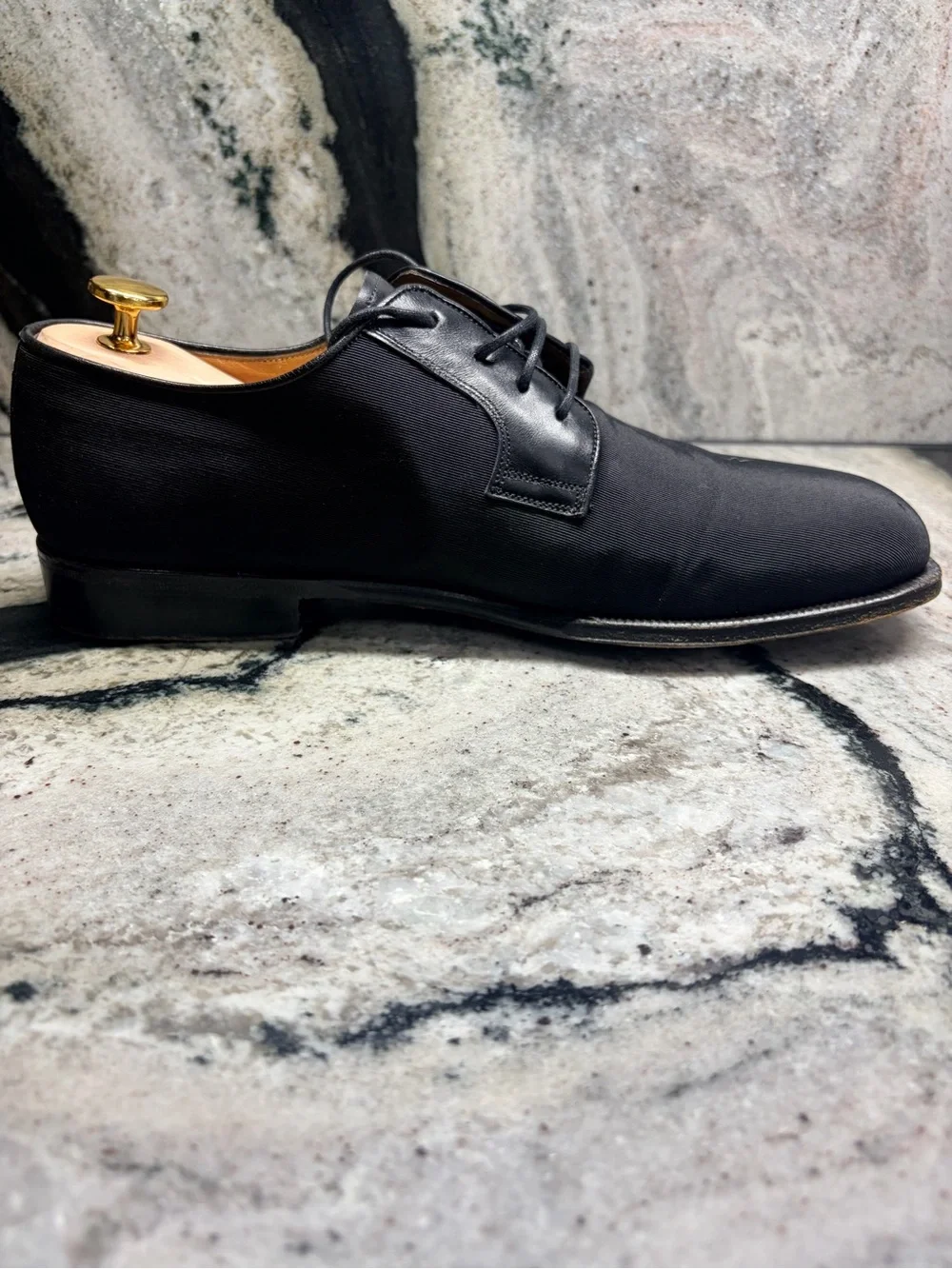 Santoni Black Textile Leather Derby Dress Shoes Men’s UK 9 US 10 Italy